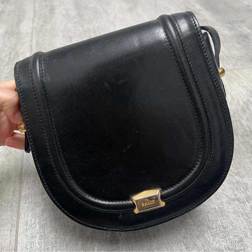 Vintage Bally Black Leather Oval Saddle Shape Small Crossbody Bag